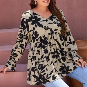 SHEIN Plus Floral Print Flounce Sleeve Blouse Black~Cream 4XL 20